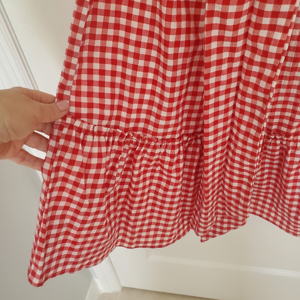 Red Gingham Dramatic Puff Pick Up Sleeves Ruffle Bottom Off Shoulder Dress S - Picture 8 of 15